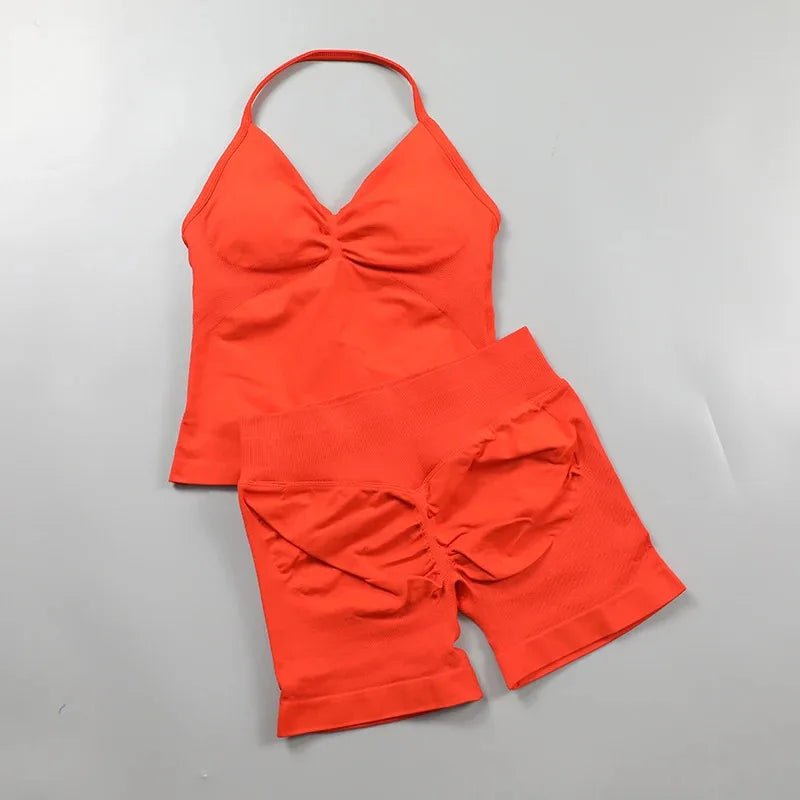 2pcs - Padded Halter Tank Top + Scrunch Butt Lifting Active Shorts Set - itzy bitsy