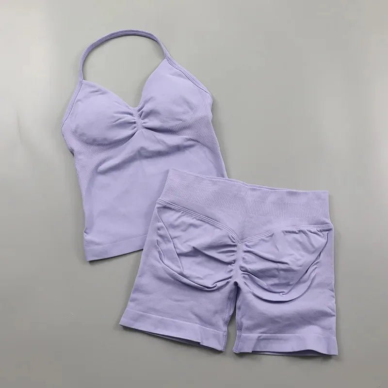 2pcs - Padded Halter Tank Top + Scrunch Butt Lifting Active Shorts Set - itzy bitsy