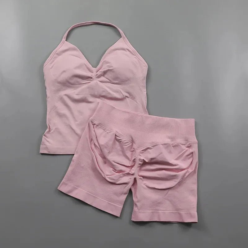 2pcs - Padded Halter Tank Top + Scrunch Butt Lifting Active Shorts Set - itzy bitsy