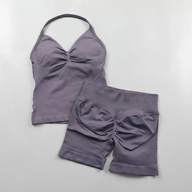 2pcs - Padded Halter Tank Top + Scrunch Butt Lifting Active Shorts Set - itzy bitsy