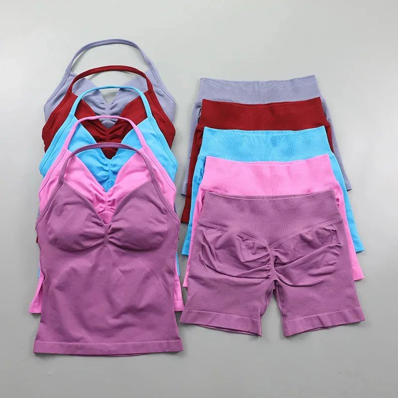 2pcs - Padded Halter Tank Top + Scrunch Butt Lifting Active Shorts Set - itzy bitsy