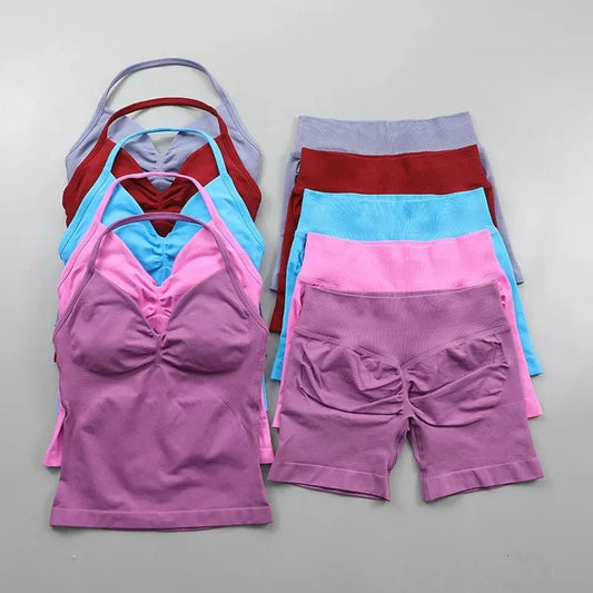2pcs - Padded Halter Tank Top + Scrunch Butt Lifting Active Shorts Set - itzy bitsy