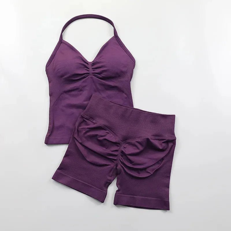 2pcs - Padded Halter Tank Top + Scrunch Butt Lifting Active Shorts Set - itzy bitsy