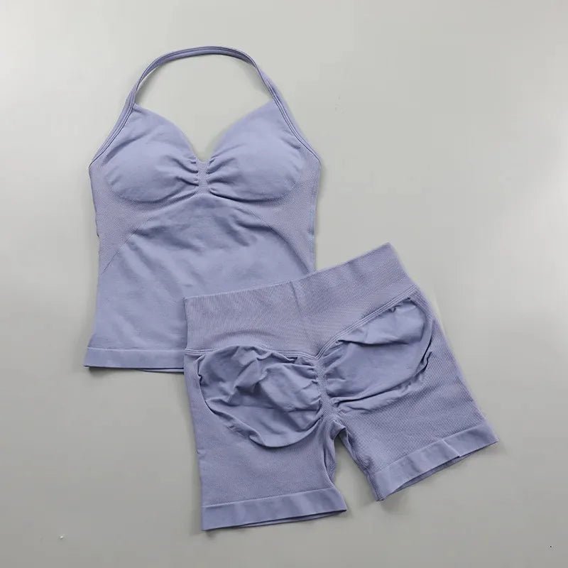 2pcs - Padded Halter Tank Top + Scrunch Butt Lifting Active Shorts Set - itzy bitsy