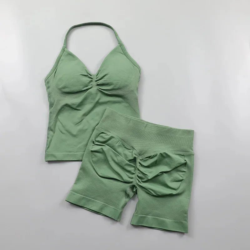 2pcs - Padded Halter Tank Top + Scrunch Butt Lifting Active Shorts Set - itzy bitsy