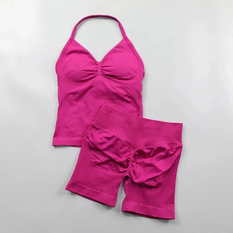 2pcs - Padded Halter Tank Top + Scrunch Butt Lifting Active Shorts Set - itzy bitsy