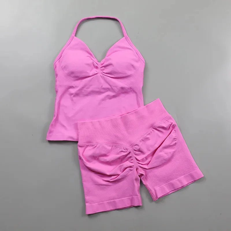 2pcs - Padded Halter Tank Top + Scrunch Butt Lifting Active Shorts Set - itzy bitsy