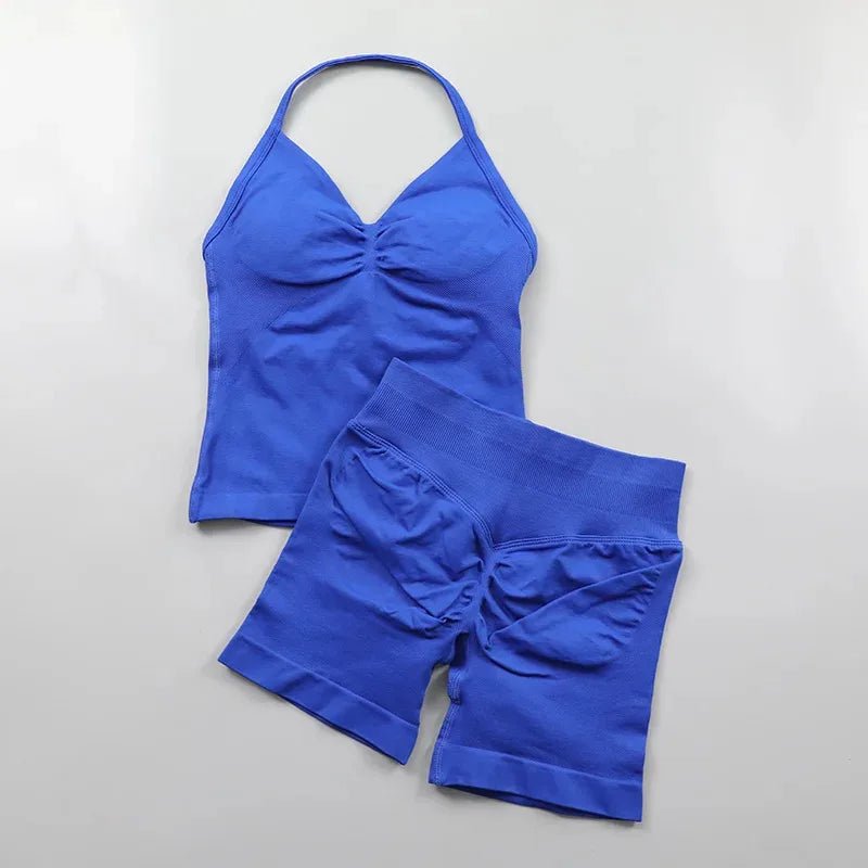 2pcs - Padded Halter Tank Top + Scrunch Butt Lifting Active Shorts Set - itzy bitsy