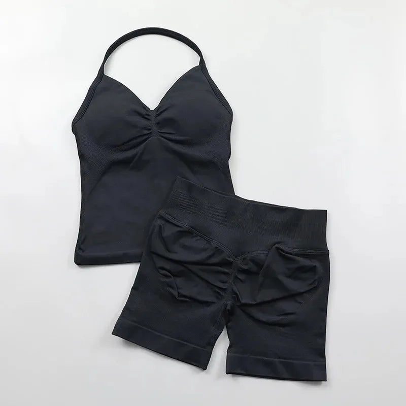 2pcs - Padded Halter Tank Top + Scrunch Butt Lifting Active Shorts Set - itzy bitsy