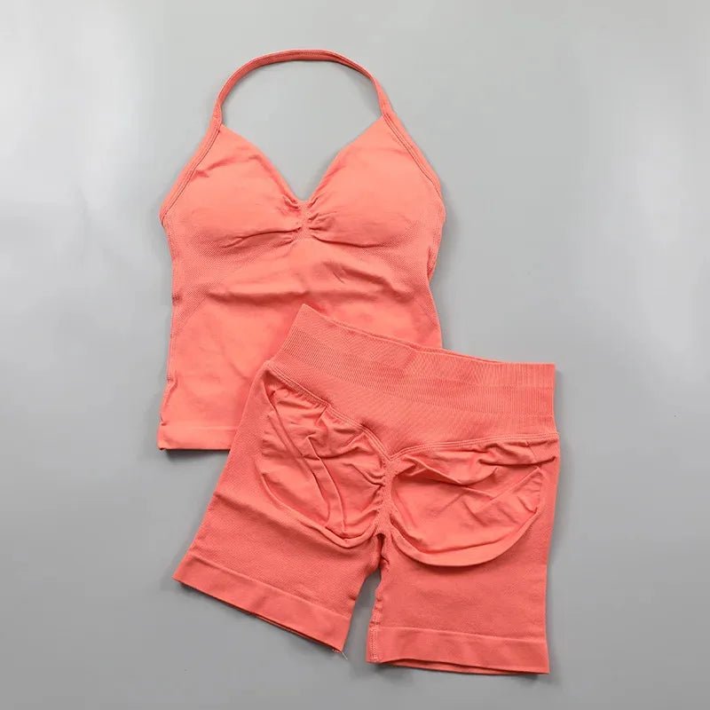2pcs - Padded Halter Tank Top + Scrunch Butt Lifting Active Shorts Set - itzy bitsy