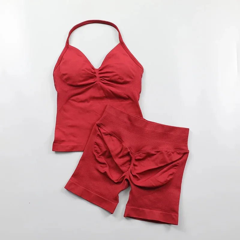 2pcs - Padded Halter Tank Top + Scrunch Butt Lifting Active Shorts Set - itzy bitsy