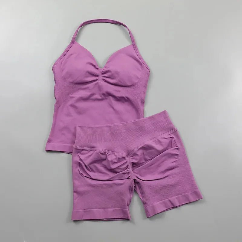 2pcs - Padded Halter Tank Top + Scrunch Butt Lifting Active Shorts Set - itzy bitsy