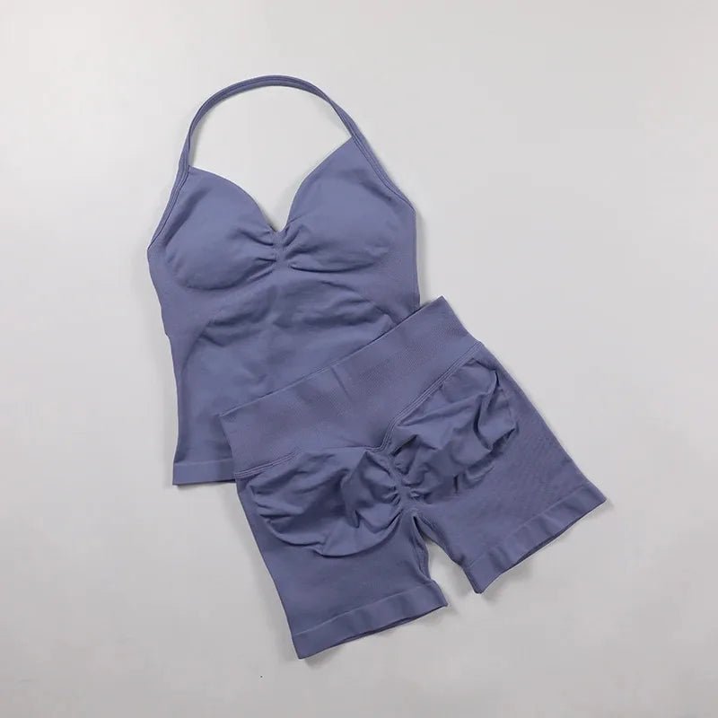 2pcs - Padded Halter Tank Top + Scrunch Butt Lifting Active Shorts Set - itzy bitsy