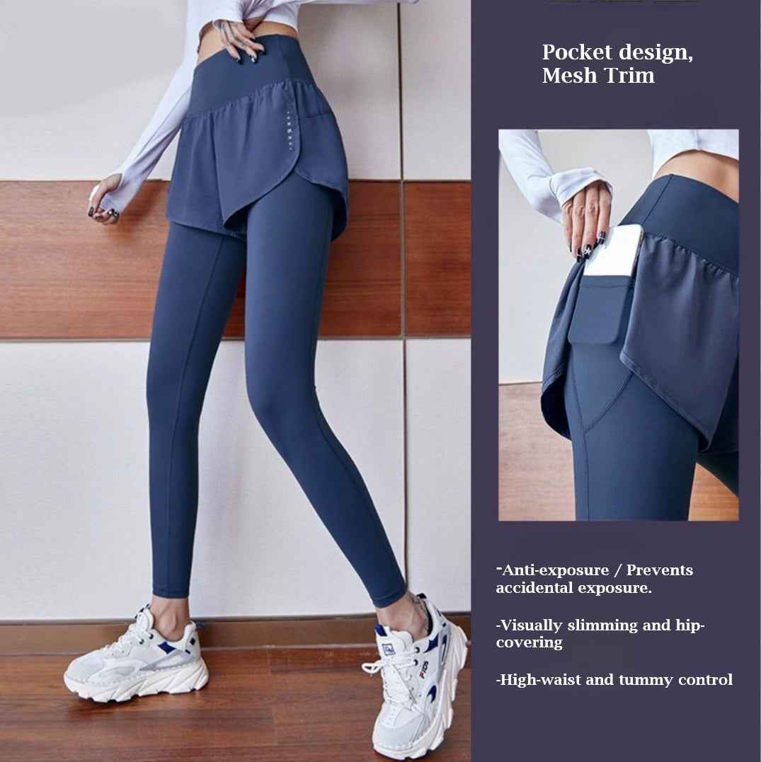 Fake two-piece fitness pants female high waist elastic tight running pants skirt quick-drying sports pants autumn yoga trousers were thin