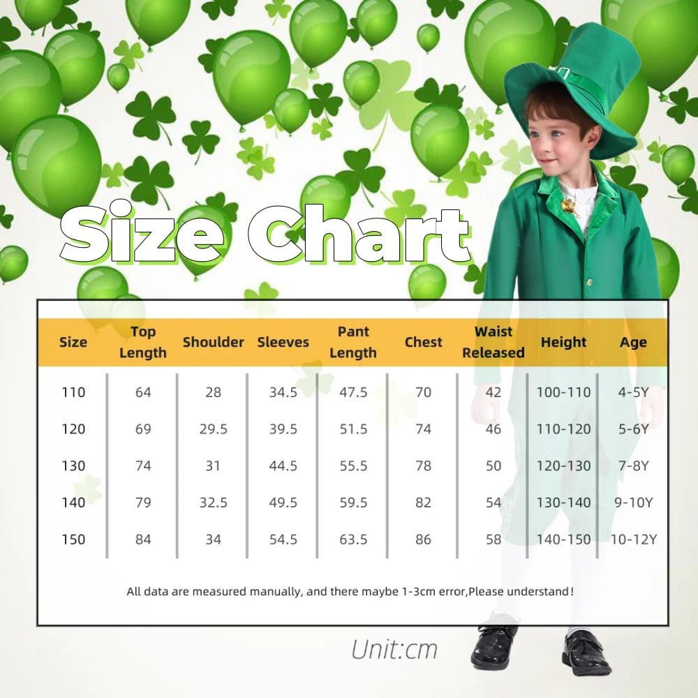 3pcs Irish Leprechaun Green Fancy Outfit St Patrick's Day Party Costume Set - itzy bitsy