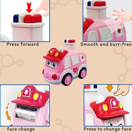 PRIMEFAIR Unbreakable 4pcs Cartoon Cute Face Changing Press Children's Fun Toy Car for Infant 36 Months Kids Boy 1 Small Police 1 Ambulance 1 Engineering Vehicle 1 Fire Truck