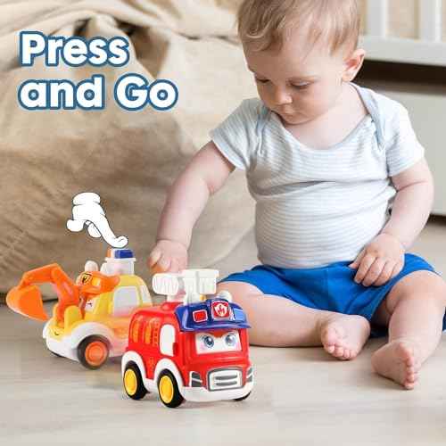 PRIMEFAIR Unbreakable 4pcs Cartoon Cute Face Changing Press Children's Fun Toy Car for Infant 36 Months Kids Boy 1 Small Police 1 Ambulance 1 Engineering Vehicle 1 Fire Truck
