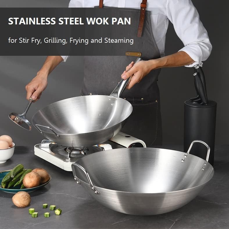 Commercial Size Stainless Steel Uncoated Double Handle Wok/Frying Pan