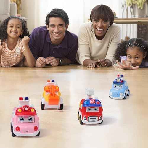 PRIMEFAIR Unbreakable 4pcs Cartoon Cute Face Changing Press Children's Fun Toy Car for Infant 36 Months Kids Boy 1 Small Police 1 Ambulance 1 Engineering Vehicle 1 Fire Truck