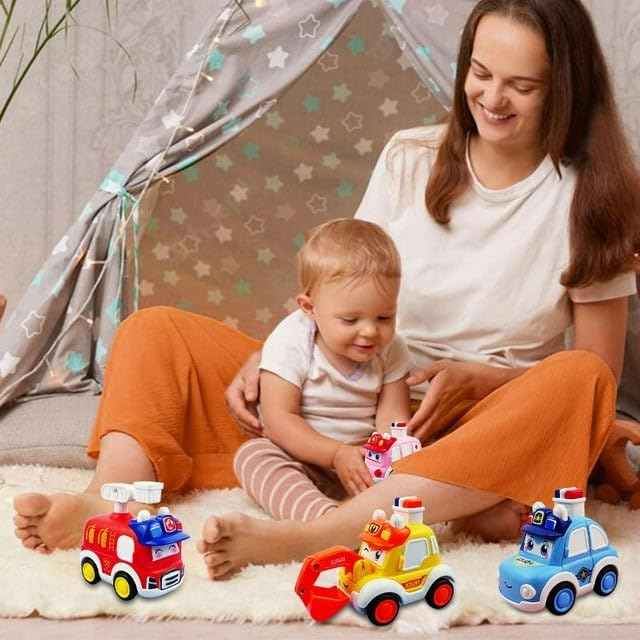 PRIMEFAIR Unbreakable 4pcs Cartoon Cute Face Changing Press Children's Fun Toy Car for Infant 36 Months Kids Boy 1 Small Police 1 Ambulance 1 Engineering Vehicle 1 Fire Truck