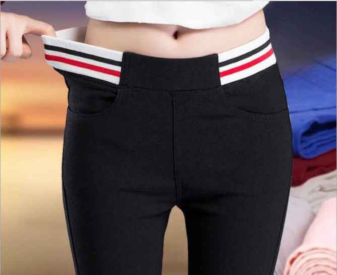 New product spring and autumn Korean version new high-waisted color strip outer leggings women's slim body stretch small foot pencil pants manufacturer batch