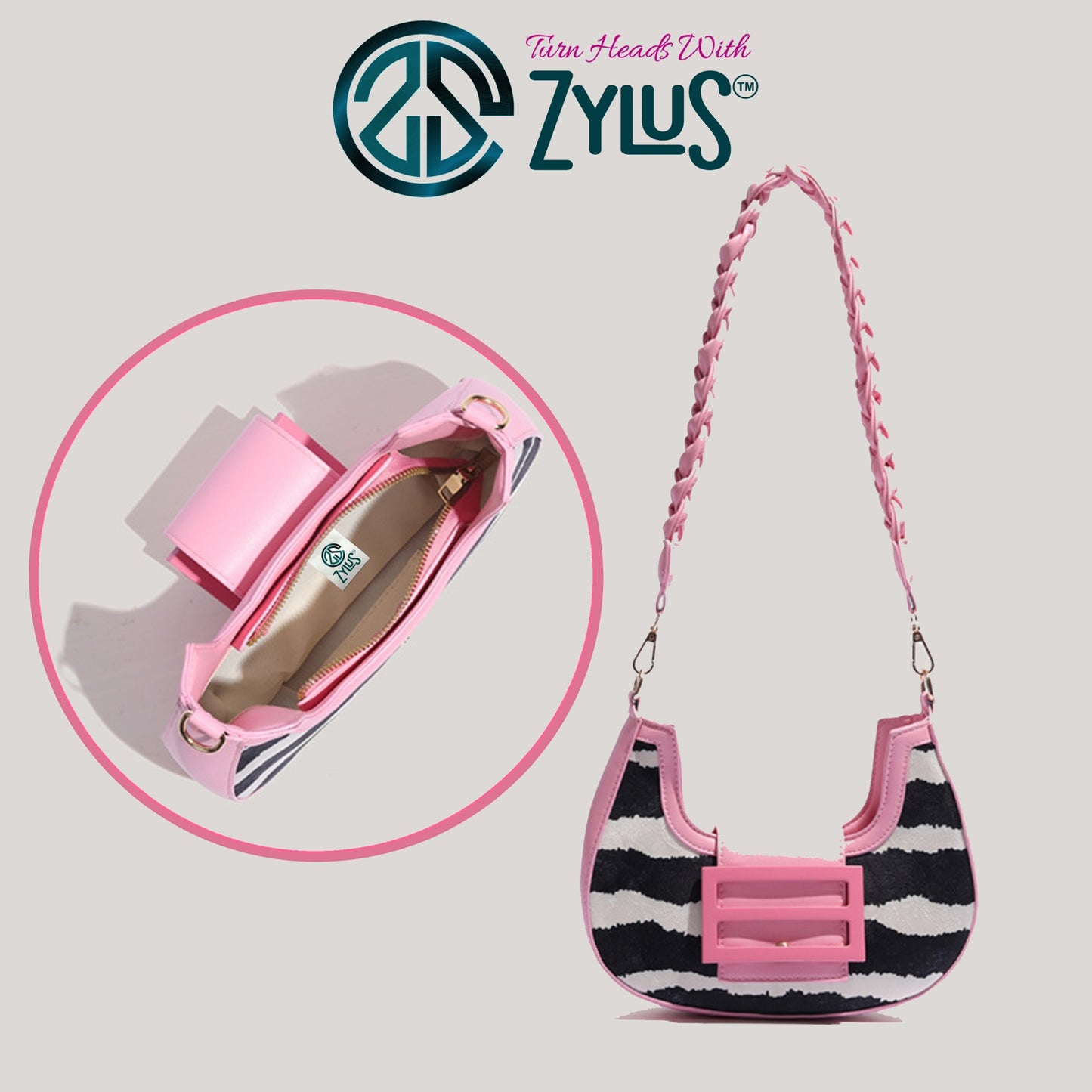 Zylus - Women's Zebra Print Crescent Baguette Shoulder Bag