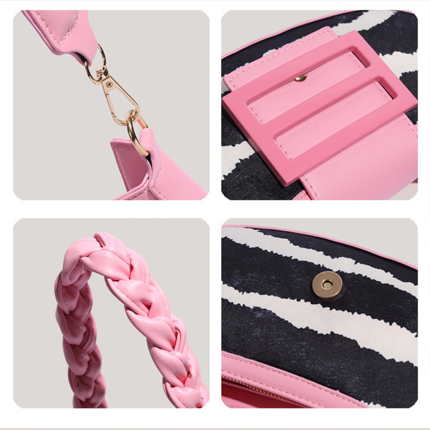 Zylus - Women's Zebra Print Crescent Baguette Shoulder Bag