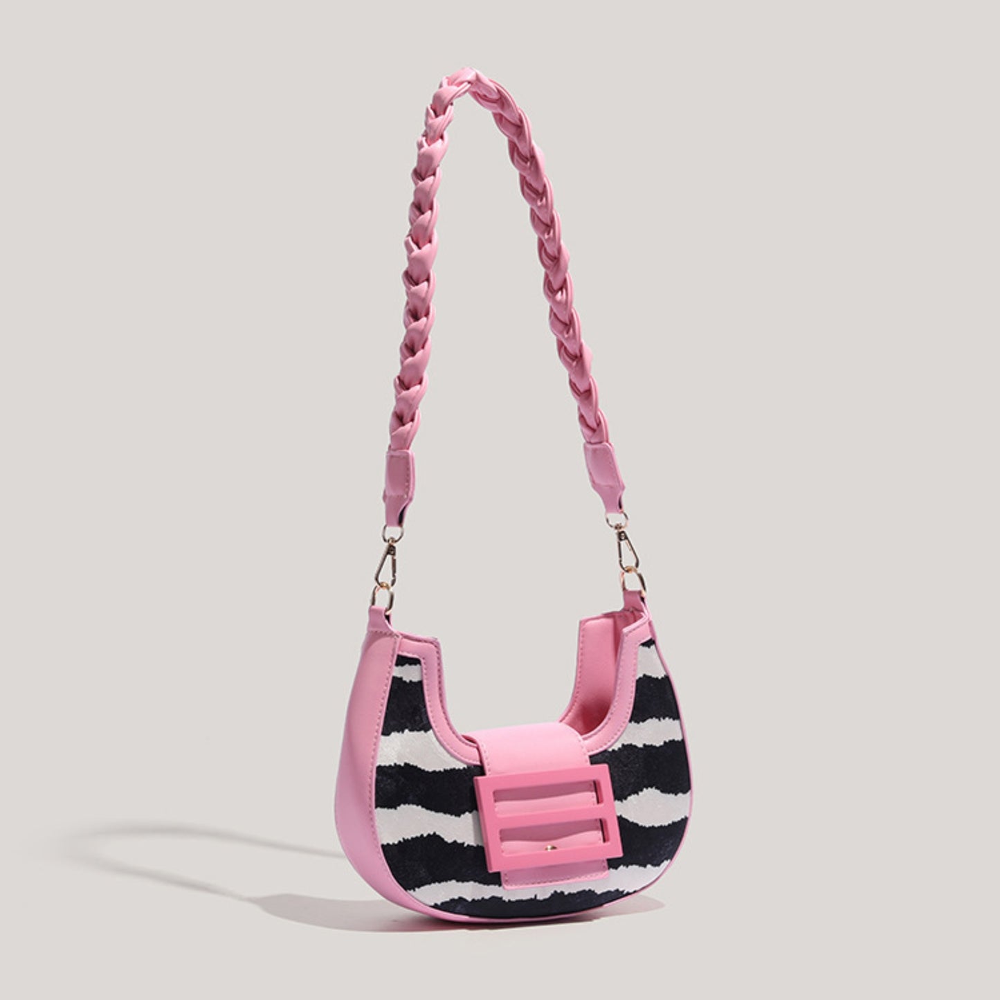 Zylus - Women's Zebra Print Crescent Baguette Shoulder Bag