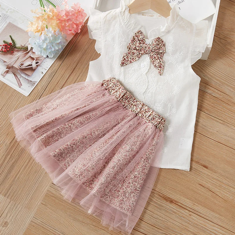 Girls Clothing Sets Sleeveless Blouse +  Skirt