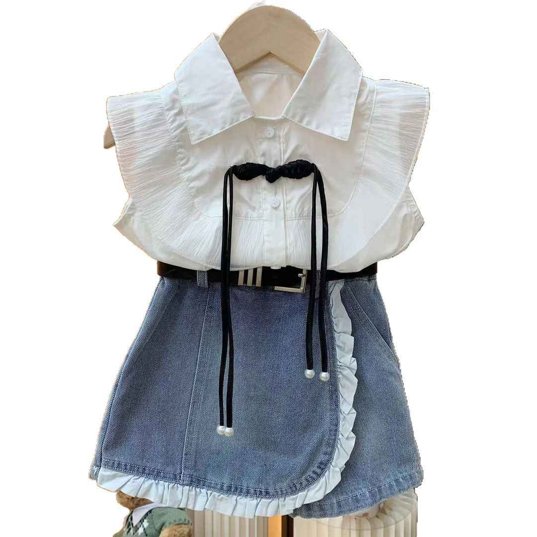 Girls 2pcs Outfit Set Casual Denim Skirt And Shirt