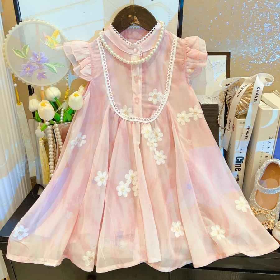 Girls Flying Sleeve Mesh Embroidery Dress