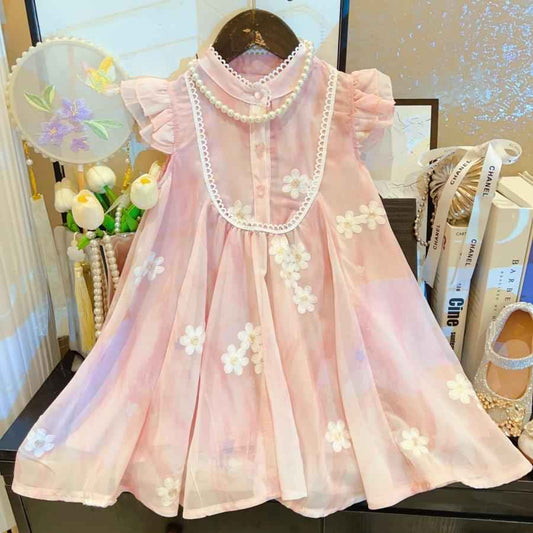 Girls Flying Sleeve Mesh Embroidery Dress