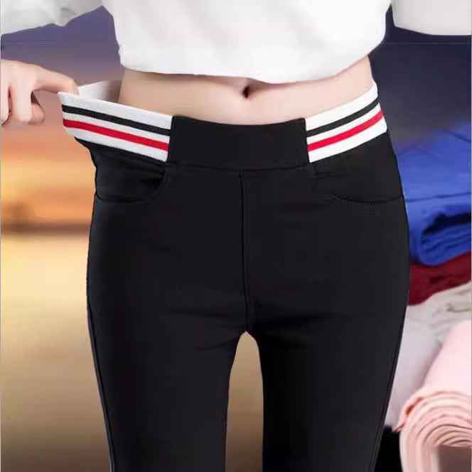 New product spring and autumn Korean version new high-waisted color strip outer leggings women's slim body stretch small foot pencil pants manufacturer batch