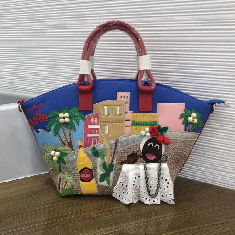 Lettifei large-capacity contrast embroidery shoulder/tote bag