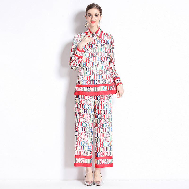 CHCH Slim Shirt with Loose Positioning Printed Wide-Leg Pants set