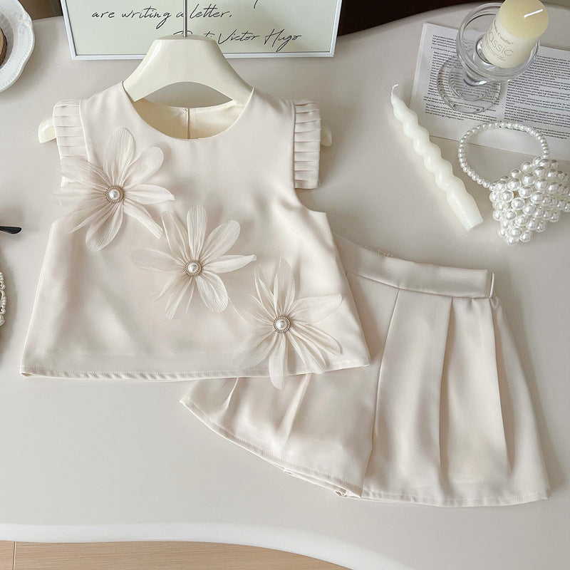 Girls Flower Sleeveless Top + Pleated Short Outfit Set - White