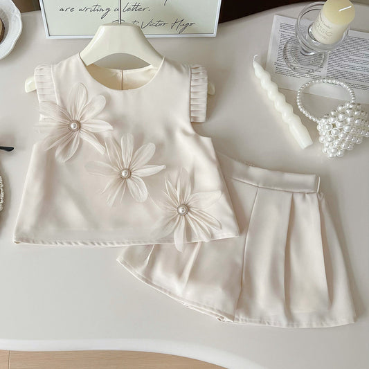 Girls Flower Sleeveless Top + Pleated Short Outfit Set - White