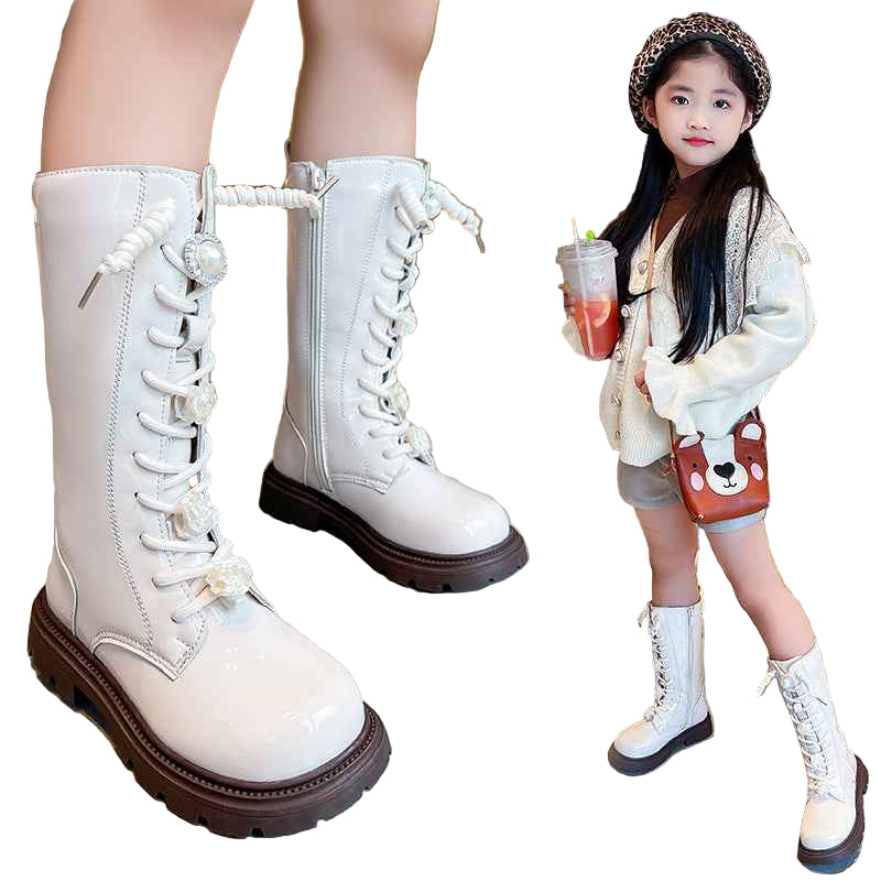 Girls' boots 2024 spring and autumn new children's boots fashion princess martin boots black high flower boots