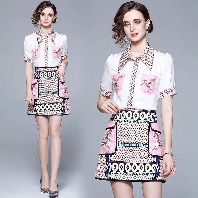 1315 Real Shot of New Summer Women's Elegant Retro Lapel Short-sleeved Shirt + High-waisted Skirt Two-piece Suit