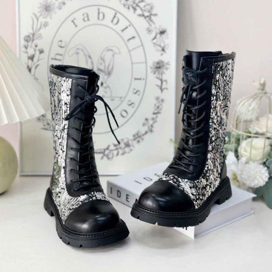 2024 Fall/Winter New Girls' Lace-up Sequins Thin Fleece High Boots Boots 64385X085