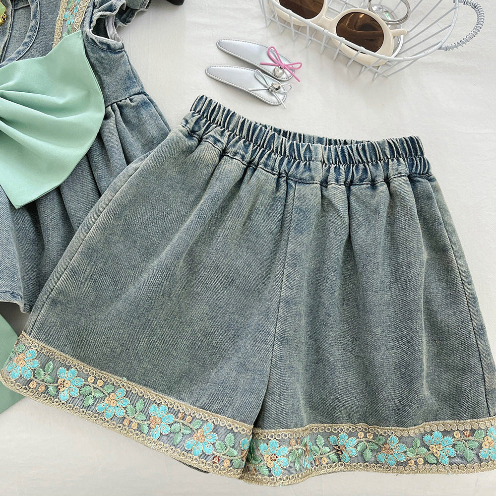 Girls Summer Fashionable Cut Out Bow Denim 2 Pcs Set