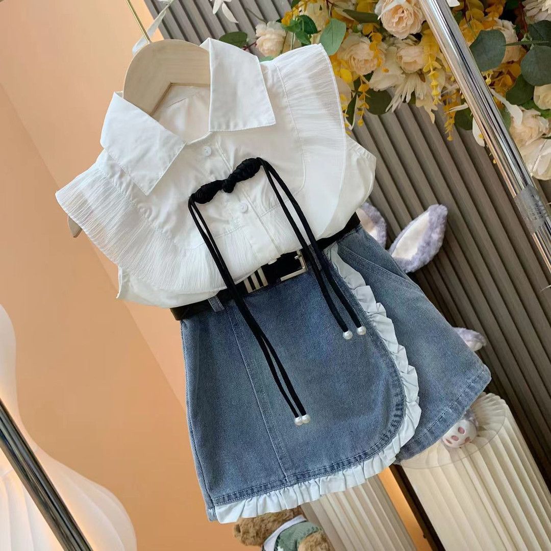 Girls 2pcs Outfit Set Casual Denim Skirt And Shirt*