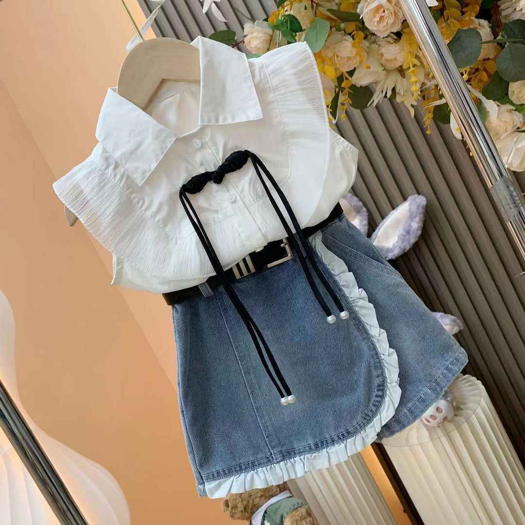 Girls 2pcs Outfit Set Casual Denim Skirt And Shirt