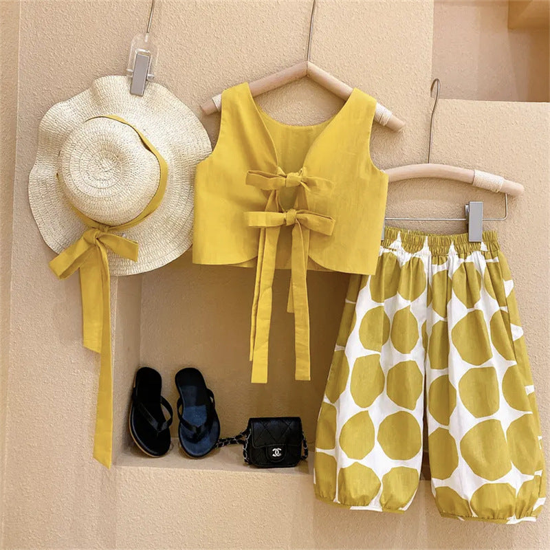 Girls Pastoral Backless Top + Polka Dot Bloomers Pants 2Pcs Outfit Set