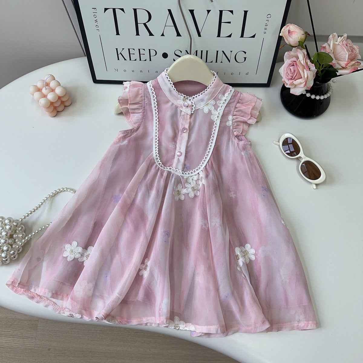 Girls' Classic Flying Sleeve Top + Wide Leg Pants - Blue 2Pcs Outfit Set