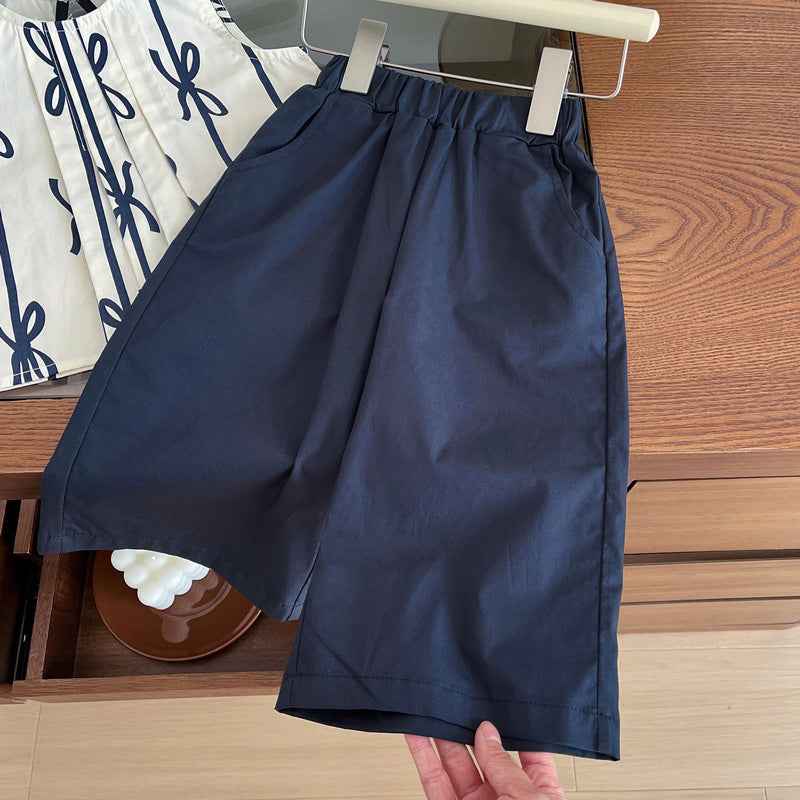 Girls' Sleeveless Doll Shirt + Cropped Wide Pants 2Pcs Outfit Set