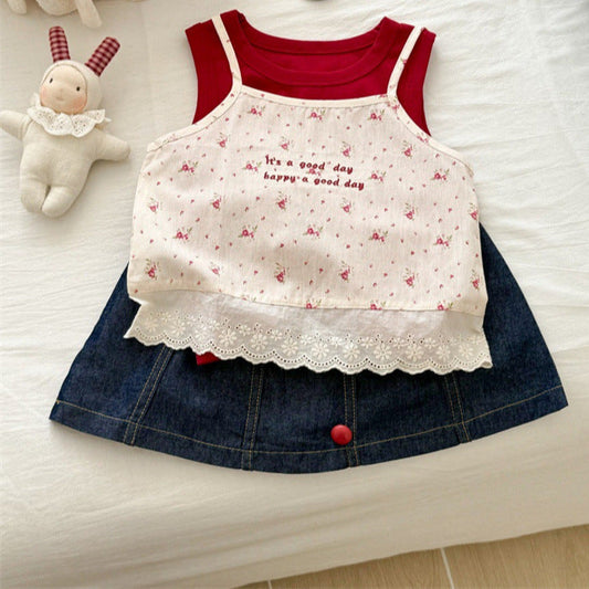 Girl's Summer Floral Camisole + Skirt 3-piece Set