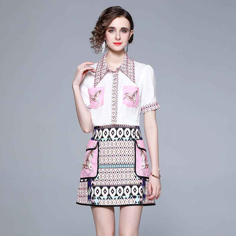 1315 Real Shot of New Summer Women's Elegant Retro Lapel Short-sleeved Shirt + High-waisted Skirt Two-piece Suit