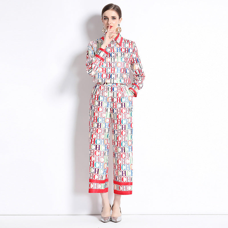 CHCH Slim Shirt with Loose Positioning Printed Wide-Leg Pants set