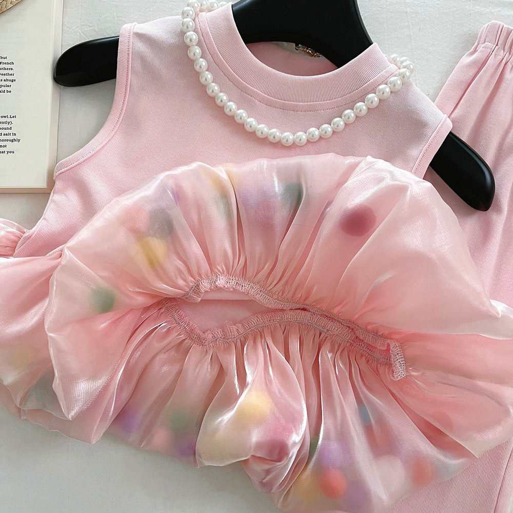 Girls Sleeveless Spliced Pom Pom Top + Stretch Bootcut Pants 2 Pcs Outfit Set